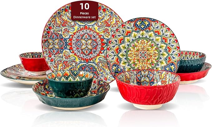 Homevss Boho 10 Pieces Dinnerware Sets Plates and Bowls Set Porcelain Dishes Set for 2 Microwave and Dishwasher Safe Scratch Resistant Bohemian Style Dining Ware Mixed Colors of Green &amp Red