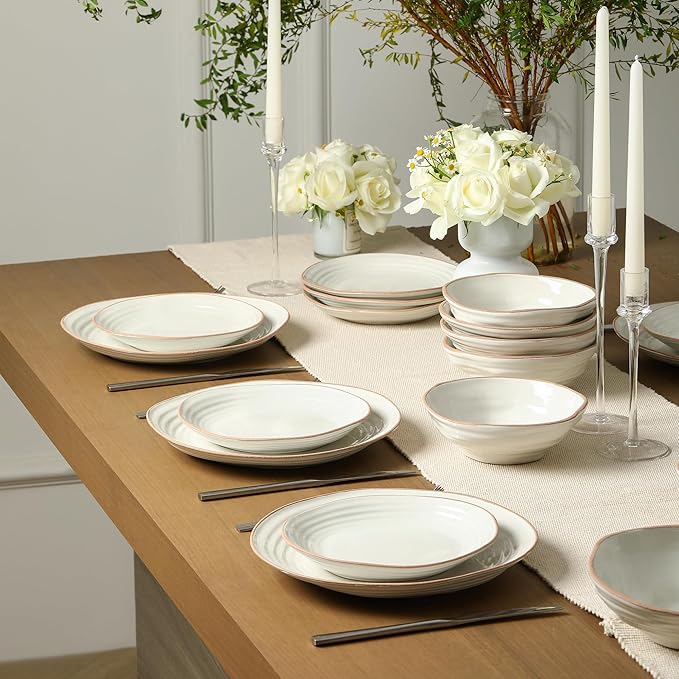 Stone Lain Nami 24-Piece Dinnerware - Stoneware Plates and Bowls Set Microwave and Dishwasher Safe Dish for 8 White
