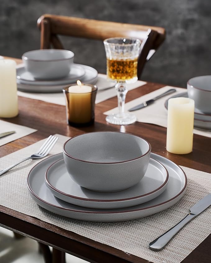 Famiware Mercury Plates and Bowls Sets 18 Pieces Stoneware Dinnerware Sets Dishes Set for 6 Microwave and Dishwasher Safe Light Grey
