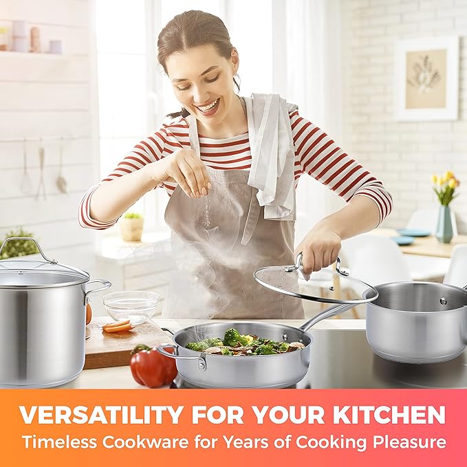 Mueller Pots and Pans Set 11-Piece Ultra-Clad Pro Stainless Steel Cookware Set Ergonomic and EverCool Stainless Steel Handle Includes Saucepans Skillets Stockpot Saute Pan Steamer