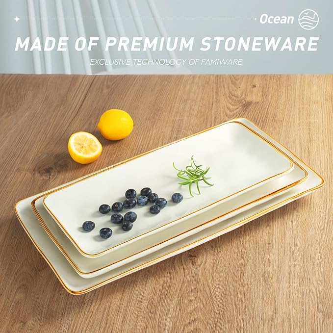 famiware Plates and Bowls Sets + 3 Pcs Rectangular Serving Platter 15-Piece Dinnerware Sets for 4 White