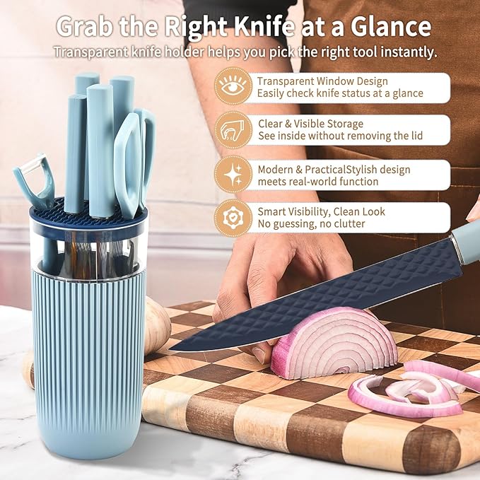 Knife Set 7-Piece Kitchen Knife Set with Sharp Chef and Meat Knives Anti-Rust Utility Knives Set for Kitchen Kitchen Knife Block Set（Blue）