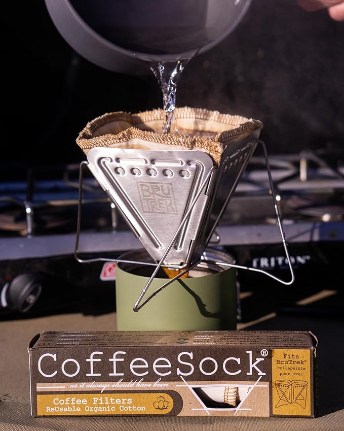 Planetary Design BruTrek Collapsible Pour Over Camping Coffee Maker - Stainless Steel Pour Over Reusable Cotton CoffeeSock Filters Canvas Carrying Bag Compact Lightweight Design