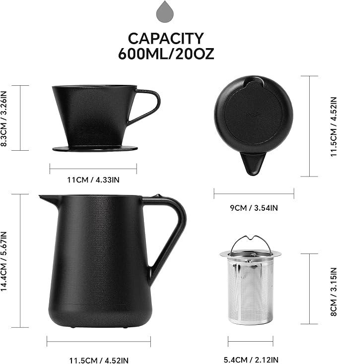Ideus Insulated Pour Over Coffee Maker Set 20oz Stainless Steel Coffee Pot Pour Over Set Camp Coffee Carafe BPA-Free with Dripper and Tea Infuser for Home Office &amp Camping (Black)
