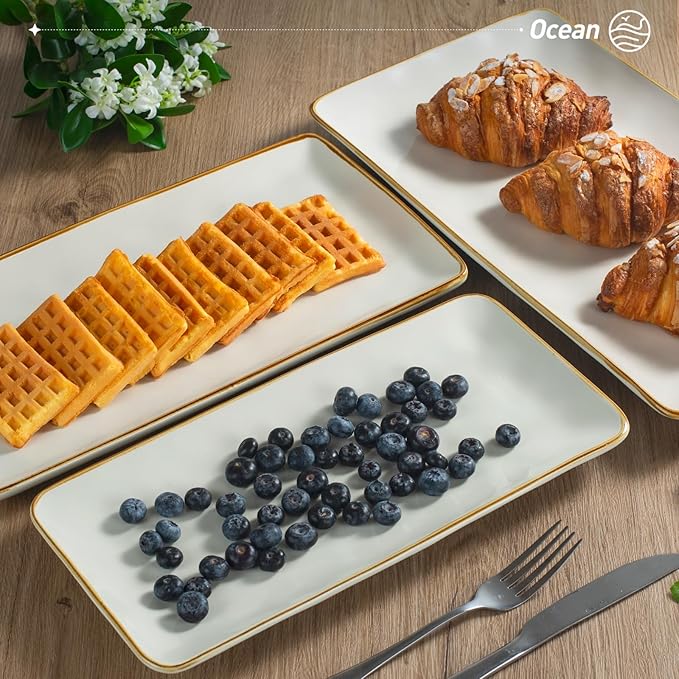 Famiware Nebula Plates and Bowls Sets + 3 Pcs Ocean Rectangular Serving Platter 15-Piece Dinnerware Sets for 4 White