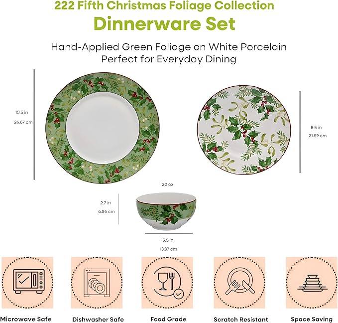 222 Fifth Christmas Foliage 12-Piece Porcelain Dinnerware Set for 4 - Glossy White Plates and Bowls Sets with Green Holly and Berry Design Durable Ceramic Dish Set for Holiday Dining Elegant Dishes