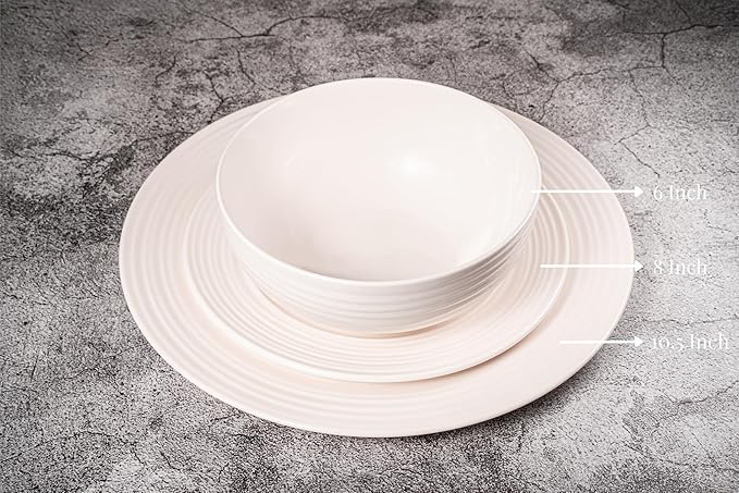 New Bone China 12 Piece Dinnerware Set Santorini Collection (Wave) White Daily Use China Embossed Tableware Service for 4