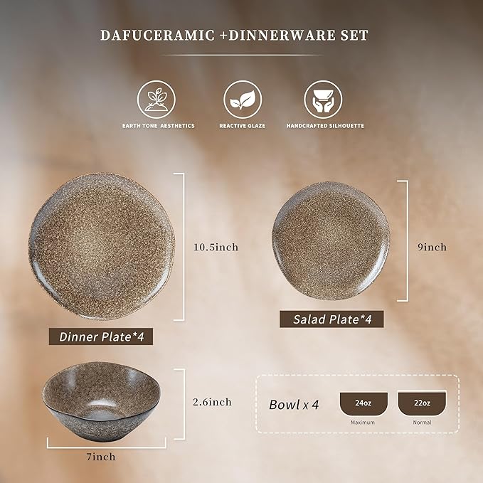 12PCS Stoneware Dinnerware Sets Plates and Bowls Dish Set for 4 Irregular Vintage Handmade Dinner Ware Dishware for Kitchen Dinning Microwave &amp Dishwasher Safe Brown