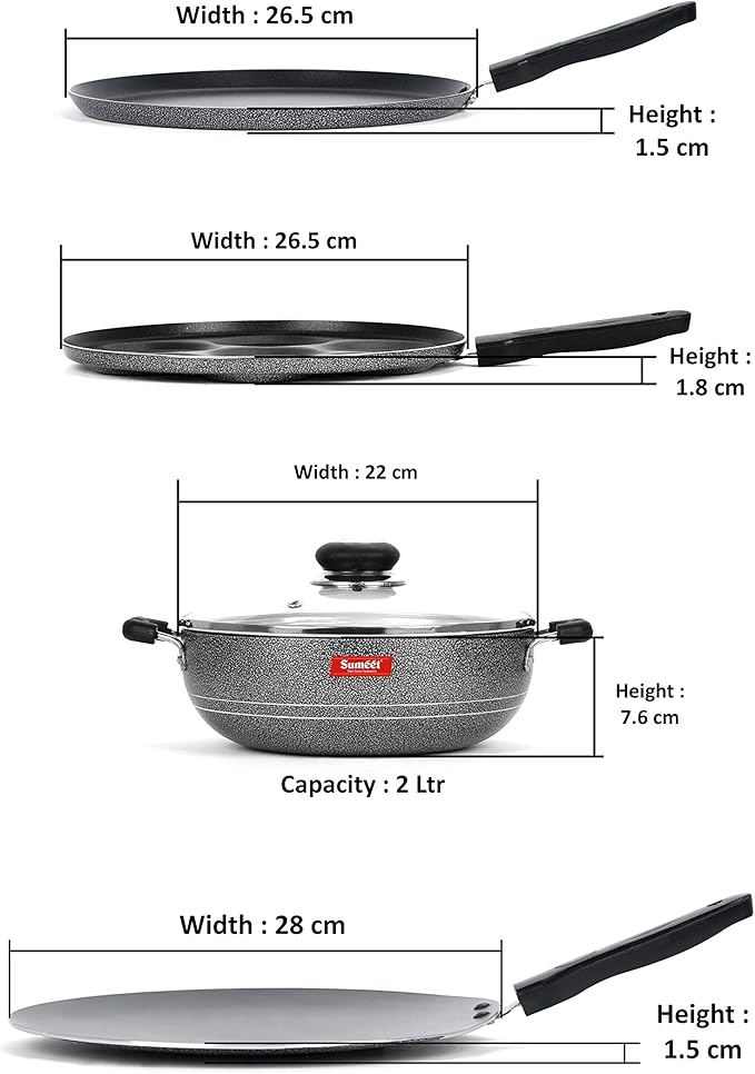 Sumeet NonStick Svartur Cookware Set (Dosa Tawa - 26.5Cm Dia + Multi Snack Maker - 7 Cavity - 26.5Cm Dia + Kadhai with Glass Lid -2Ltr - 22Cm Dia + Conceve/Roti Tawa - 28Cm Dia)