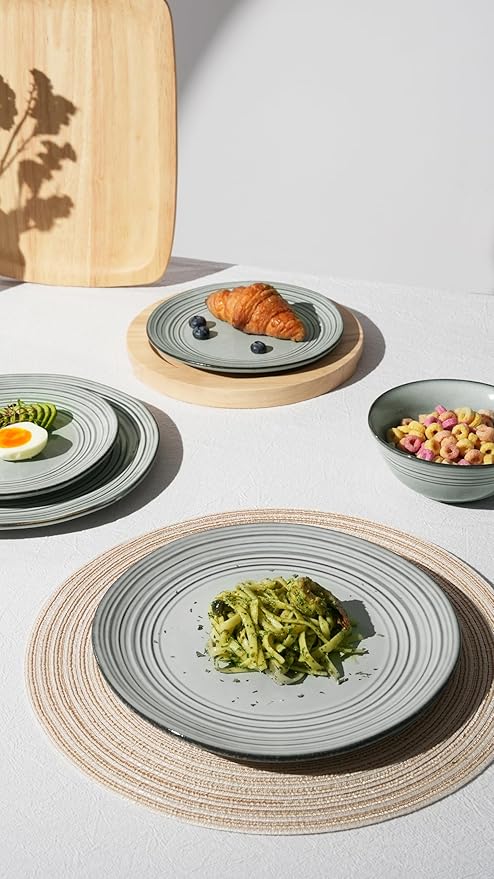 Famiware Plates and Bowls Sets 24-Piece Stoneware Dinnerware Sets Dishes Set for 8 Hand-made Reactive Glaze Dish Set Twilight Series Ashy Blue