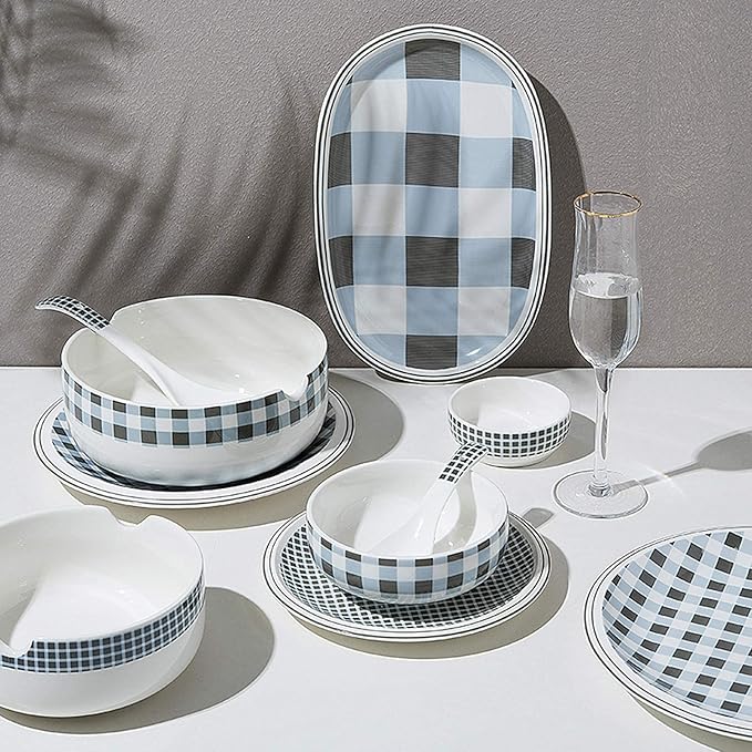 Ceramics Dinner Sets 29 Pieces Plaid Low Bone China Dinnerware Set | Porcelain Cereal Bowl and Steak Plate for Housewarming Gift and Restaurant