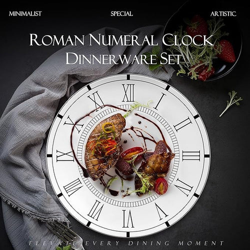 12 Piece Roman Clock Pattern Porcelain Dinnerware Set Luxury Dishes Set for 6 Dishwasher Safe Great for Party Wedding Housewarming and Hotel