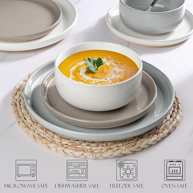 LIANYU 24 Pieces Dinnerware Sets with Pasta Bowls for 6 Stoneware Plates and Bowls Dish Set Ceramic Dinner Set for Salad Cereal Dinner Microwave &amp Dishwasher Safe Three-color