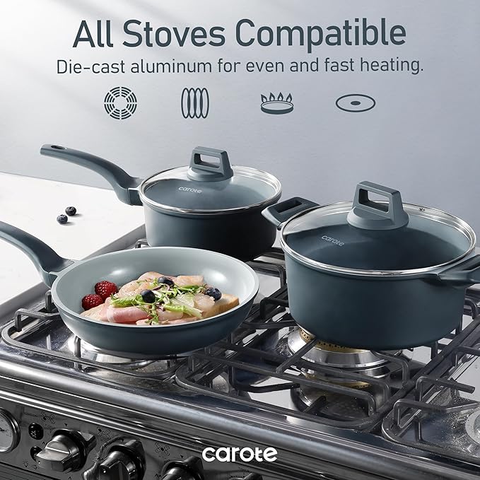 CAROTE 14 Pcs Ceramic Cookware Set Pots and Pans Set Non Stick with Ceramic Coating Induction Kitchen Sets
