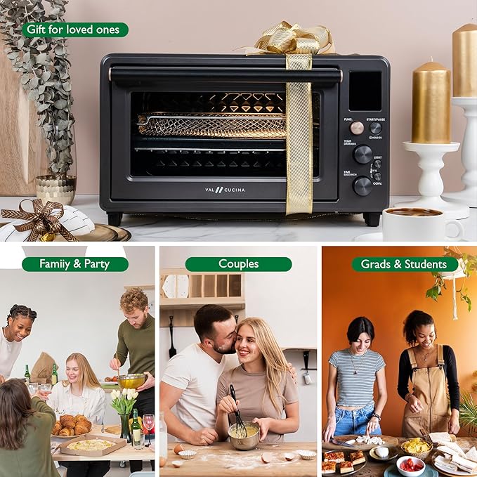 VAL CUCINA Infrared Heating Air Fryer Toaster Oven Combo Non-toxic Enamel-coated Interior 26.3 QT Countertop Convection Oven 10-in-1 Combo 6-Slice Toast 12-inch Pizza with Enamel Baking Pan