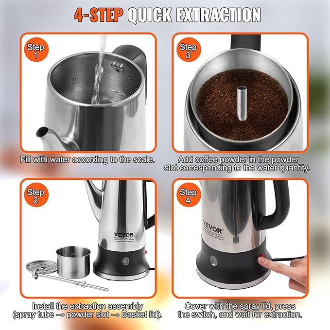 VEVOR 12-Cup Electric Percolator Coffee Pot 304 Stainless Steel Body Coffee Percolator with Keep Warm Function &amp Heat-Resistant Handle Classic Coffee Maker Quick Brew &amp Easy-Pour Spout Sil