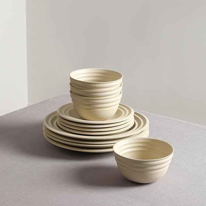 Stone Lain Zen Stoneware 12-Piece Dinnerware Set Service for 4 Beige Includes Salad - Dinner Plates &amp Bowls Textured Sand Finish Microwave &amp Dishwasher Safe