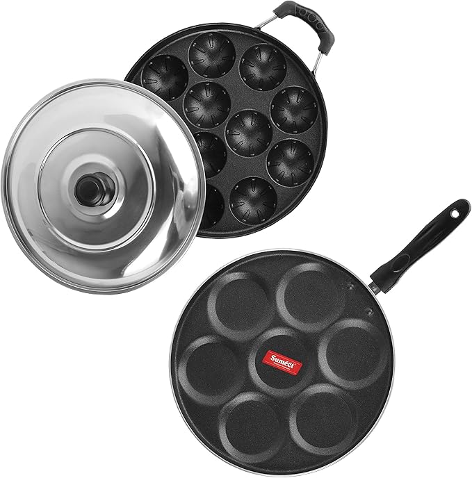 Sumeet 2.6mm Thick Non-Stick Currant Cookware set (Multi snack maker – 26.5cm Dia + Grill Appam Patra With Lid – 23cm Dia)