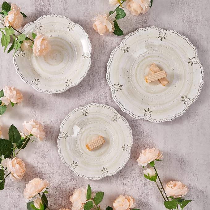 Dinnerware Sets 12 pcs Plates and Bowls Sets Melamine Plates Indoor and Outdoor use French Court Style Dish Set Plate Set for 4 Dishwasher Safe（White）