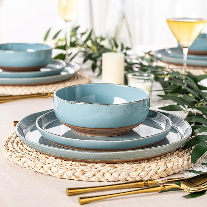 AmorArc Ceramic Dinnerware Sets for 4 12 Pieces Handpainted Plates and Bowls Set with Rustic Terracotta Underside Scratch Resistant Stoneware Dishes Set Dishwasher &amp Microwave Safe