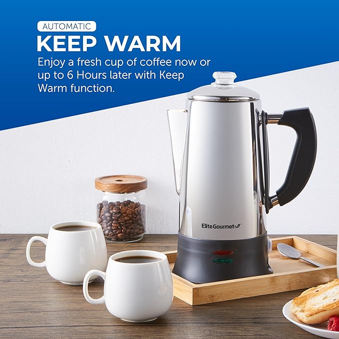 Elite Gourmet EC922 Electric Coffee Percolator BPA Free Keep Warm Glass Clear Brew Progress Knob Cool-Touch Handle Cordless Serve 12-Cup Stainless Steel