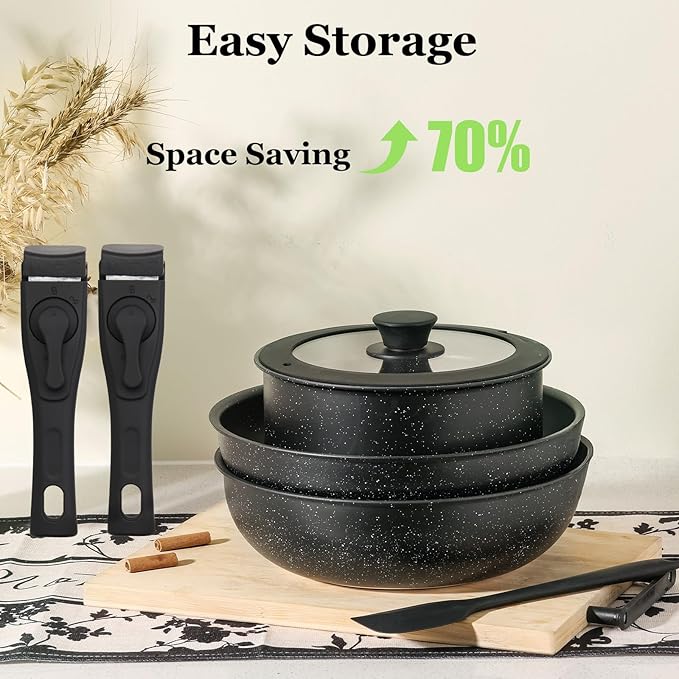 12Pcs Pots and Pans Set Nonstick Cookware Sets Kitchen Cooking Set with Spatula and Detachable Handle Black