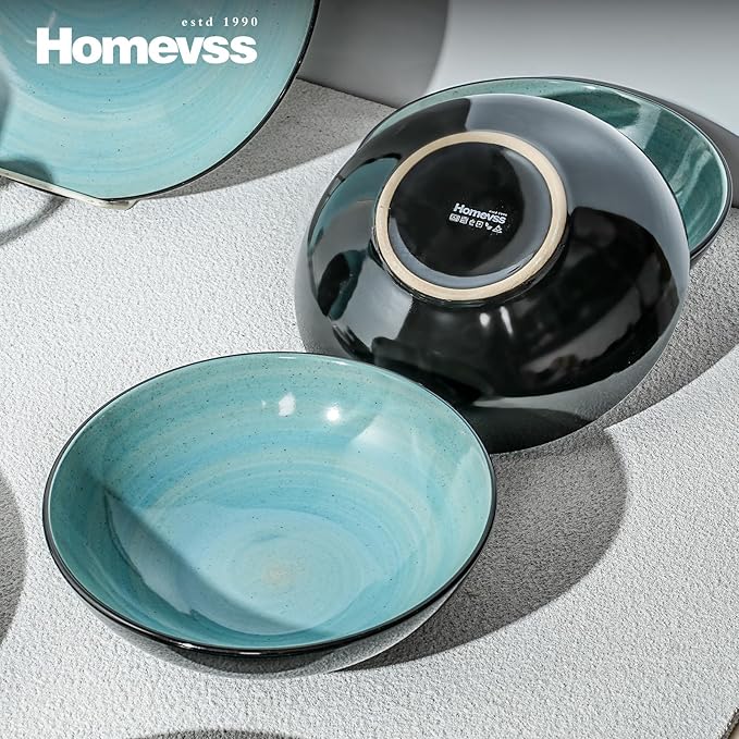 Sonoma 16 Piece Stoneware Dinner Set Outside Black + Inside Handpainted Color Turquoise with speckle