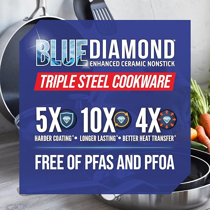 Blue Diamond Cookware Tri-Ply Stainless Steel Ceramic Nonstick 6 Piece Cookware Pots and Pans Set PFAS-Free Multi Clad Induction Dishwasher Safe Oven Safe Silver
