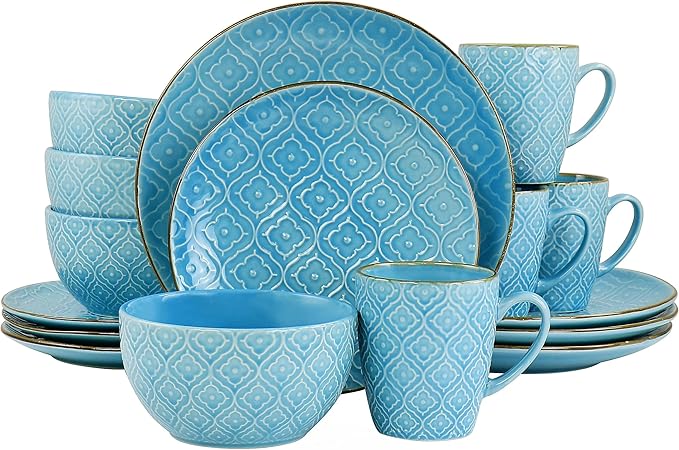 16 Piece Embossed Stoneware Dinnerware Set – Teal Dishes with Glossy Finish and Trimmed Edges Microwave &amp Dishwasher Safe Tableware Set for 4 Elegant Dinner Plates and Bowls