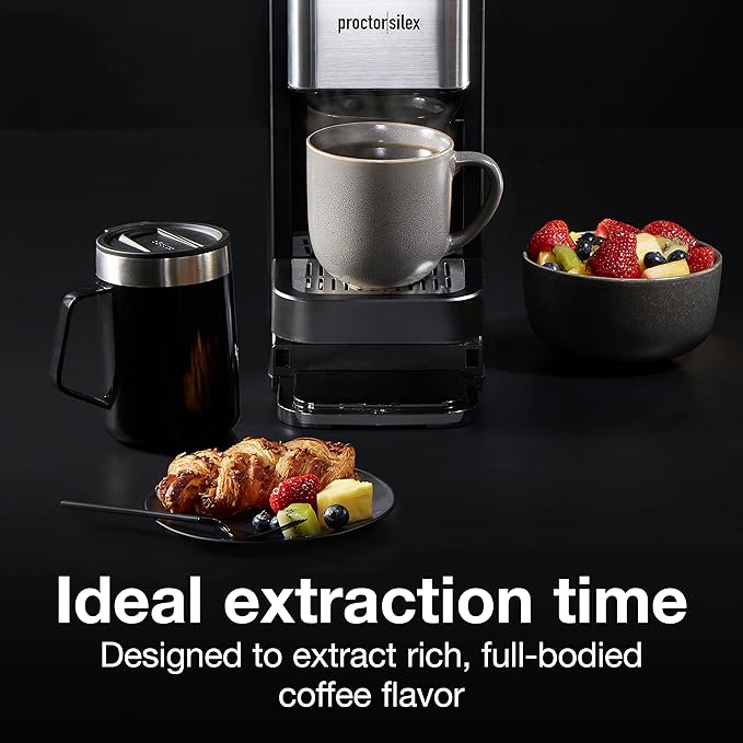 Proctor-Silex Single-Serve Coffee Maker Compatible with Pod Packs and Grounds 40 oz. Reservoir Makes Four 10 oz. Cups Without Refilling Black &amp Stainless Steel (49919)