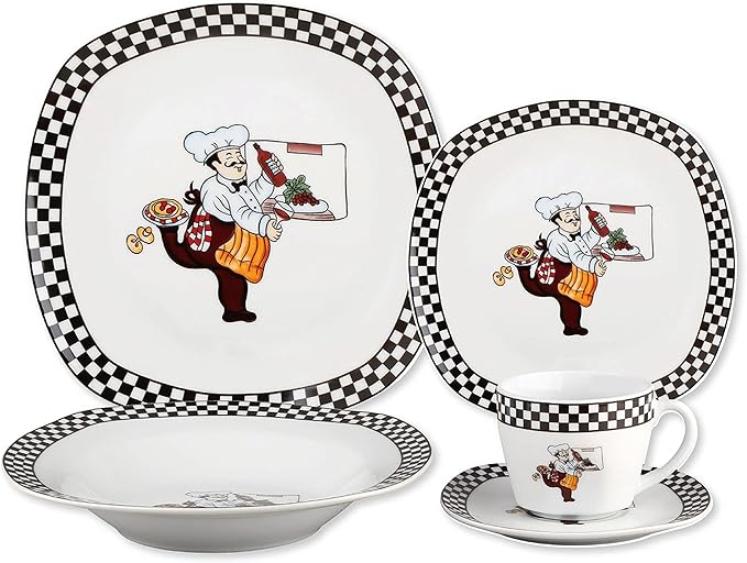 Unknown1 Porcelain 20 Piece Square Dinnerware Set Service for 4-Chef Design White Banded Casual Dishwasher Safe Microwave