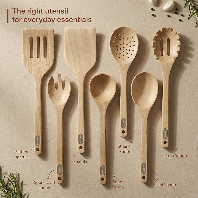 Koppen Rubber Wood Kitchen Utensils Set Durable Wooden Cooking Spoon and Spatula Ladle for Nonstick Cookware Non Toxic Heat Resistant Smooth Grip Modern Elegant Design for Everyday (7 Piece Set)