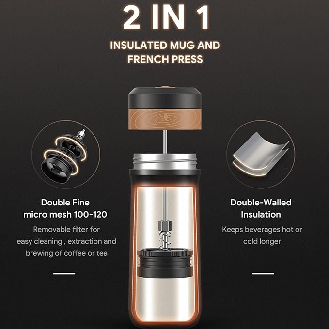 French Press Coffee Maker Stainless steel Portable Coffee Pot for Travel Camping and Everyday use Insulated 14.5 oz (Matte Meteorite Black)