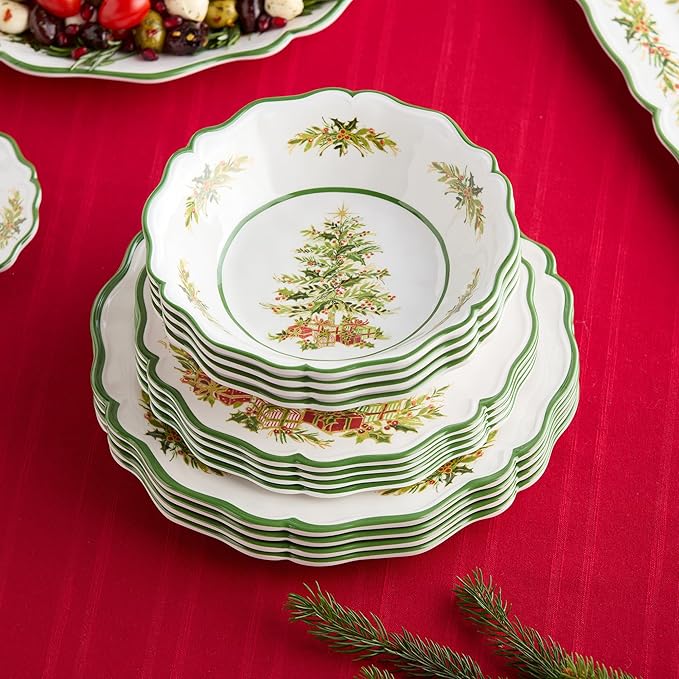 Holly Tree Holiday 12pc Dinnerware Set – Festive Melamine Plates and Bowls for Christmas Entertaining Indoor/Outdoor Use Break-Resistant and Dishwasher Safe