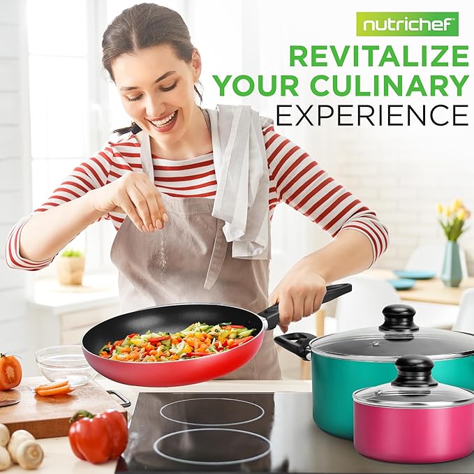 NutriChef 15-Piece Colorful Pots and Pans Set - Heat Resistant Lacquer Cookware Set with Saucepot Frying Pans Oven Pot Lids Utensil set - All Cooktop Compatible Including Induction