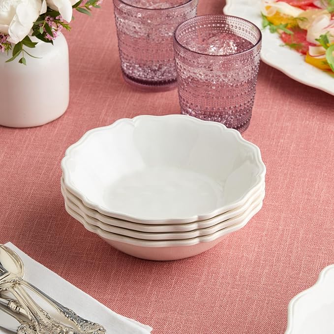 Isabella Cream 12-Piece Melamine Dinnerware Set for 4 – Crackle Glaze Plates &amp Bowls with Scalloped Edges Dishwasher Safe Durable Unbreakable Tableware for Indoor &amp Outdoor Dining