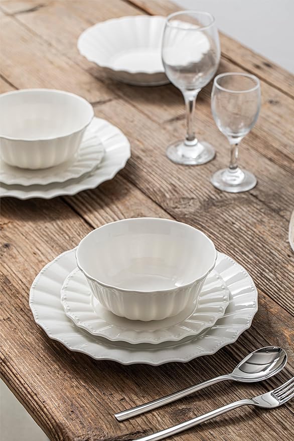 HOMBENE Plates and Bowls Sets 12 Piece Dinnerware Sets Bone China Porcelain Dinner Set with Cereal Bowls Ceramic Soup Bowls for Pasta Salad Gift Idea Wavy Pattern