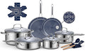 Ammeloo Hybrid Stainless Steel Cookware Set 17-Piece Tri-Ply Pots and Pans Set Non Stick Induction Kitchen Cookware Sets Dishwasher &amp Oven Safe PFOA Free All Cooktops Compatible Navy Blue