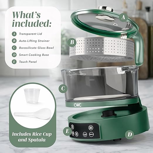 COOK WITH COLOR 3L Glass Mini Low Carb Rice Cooker – Holds 2 Cups Raw/Makes 6 Cups Cooked with Auto Lift Filter Basket Hotpot &amp Steamer for Rice Grains Digital Panel with Keep Warm Dark Sage