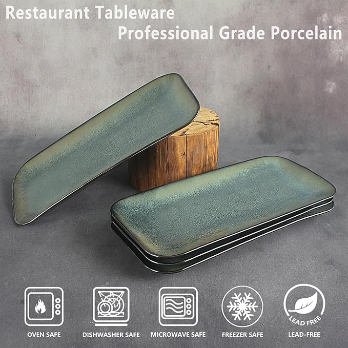 Serving Platters Set of 4 Rectangular Serving Plates Serving Trays for Entertaining Party MicrowaveOvenDishwasher SafeKitchen Dinnerware Blue reactive glaze 12.7 Inch