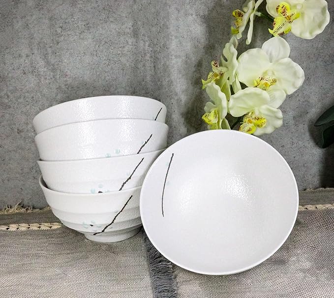 Ebros Gift Modern Yukino Hana Snow Flowers Ceramic Dinnerware Serveware Kitchenware Set Oriental Asian Restaurant Supply (Pack Of 5 Medium Soup Salad Rice Bowls 24oz)