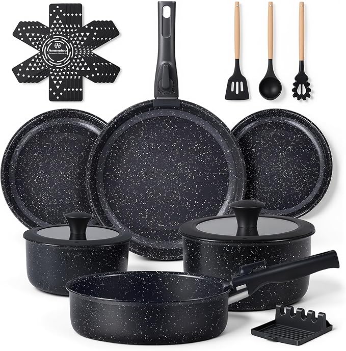 Ammeloo 21 Pcs Pots and Pans Set Non Stick Ceramic Kitchen Cookware Set with Detachable Handle Non Toxic Cooking Set for Kitchen RV Camping and Fridge Induction Ready Dishwasher/Oven Safe Black