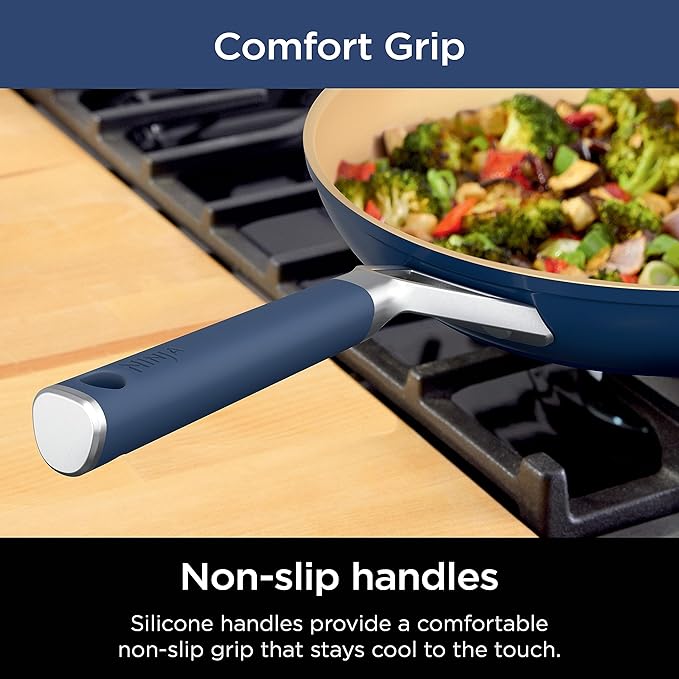 Ninja Ceramic Cookware Set Extended Life 11-Piece Kitchen Cookware Sets with Comfort Grip Nonstick Fry Pans Pots PTFE Free Oven &amp Dishwasher Safe Stovetop Compatible Navy Blue CW49011