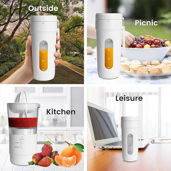 Hakka Portable Blender 3 in 1 Personal Blender for Shakes and Smoothies 12oz Multifunctional Juicer Cup with 4 Blades &amp USB Type-C Rechargeable White