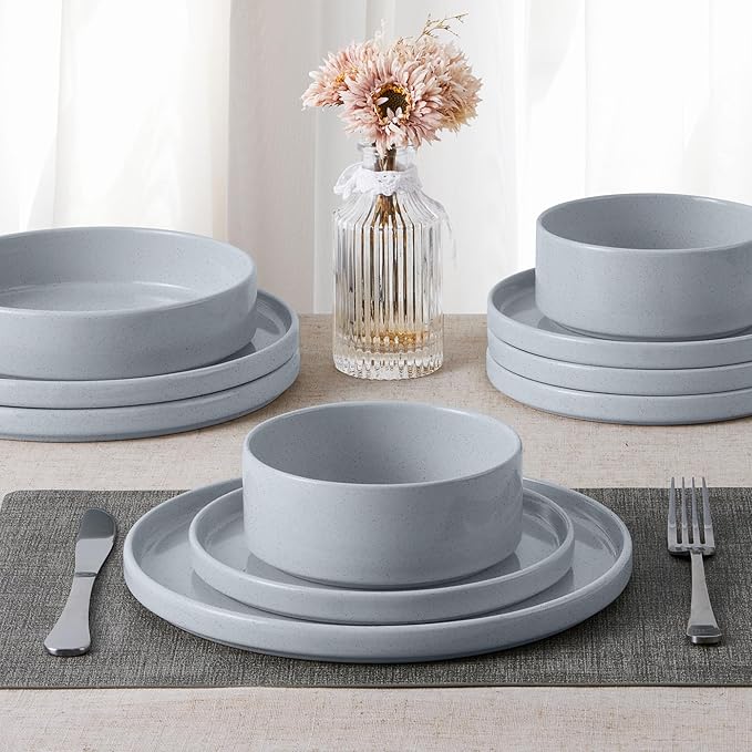 E-far Dinnerware Sets for 8 24-Piece Stoneware Plates and Bowls Dish Set Modern Kitchen Dinning Dishware Chip and Scratch Resistant Microwave &amp Dishwasher Safe Speckled Gray