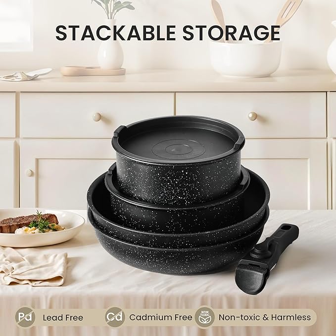 Simple Deluxe 12 Pcs Non-Stick Cookware Set with Black Granite Texture and Detachable Handles Resistant to High Temperatures Oven Safe PFAS and PFOA Free