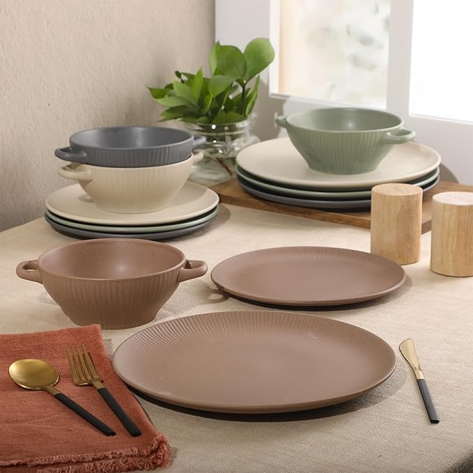 Gibson Elite Clover Hill 12-Piece Stoneware Dinnerware Set – Assorted Colors in Sage Green Charcoal Taupe &amp Cream – Embossed Reactive Glaze Plates &amp Bowls Microwave &amp Dishwasher Safe S