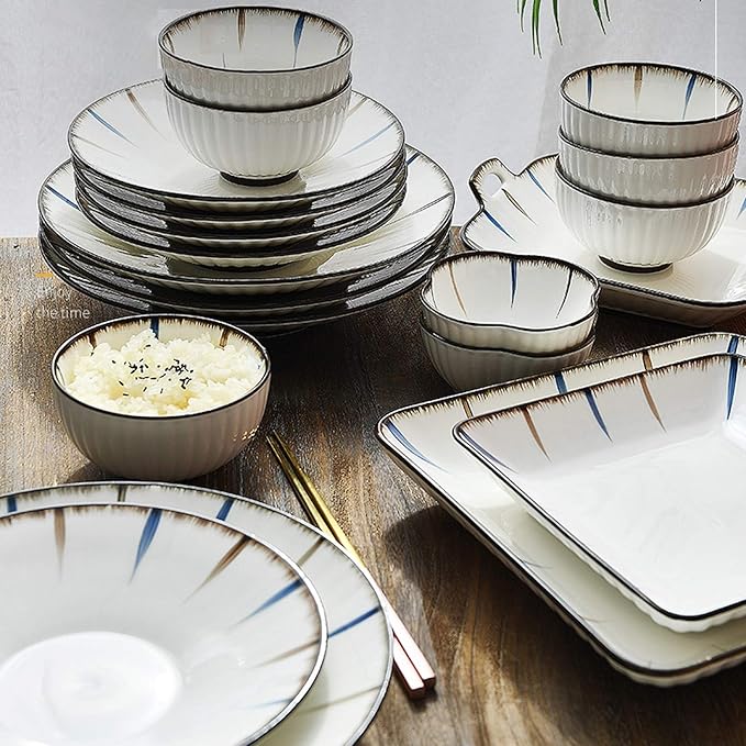 New Dinnerware Sets Ceramics Dinner Sets 31 Pieces -Style Dinnerware Set | Stripe Porcelain Cereal Bowl and Steak Plate for Restaurant and Family Gathering