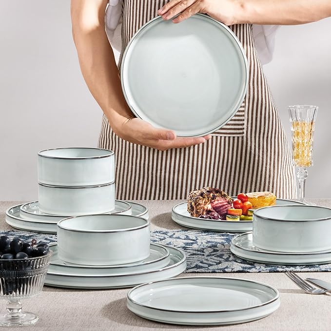 Herogo Plates and Bowls Dinner Dishes Sets for 6 18 Pieces Ceramic Stoneware Dinnerware Set Rustic Terracotta Bottom Dishwasher &amp Microwave Safe Icy White