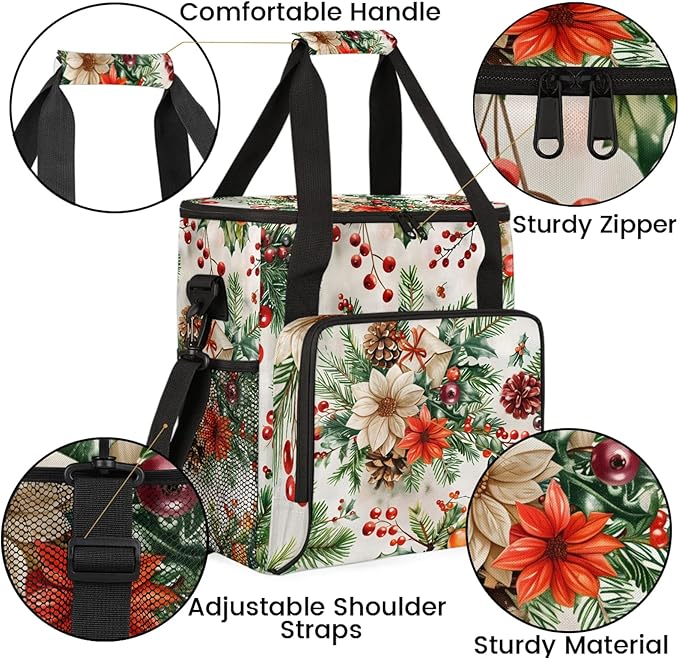 Flowers Leaves Berries Branches Christmas Coffee Maker Carring Bag Large Insulated Storage Organizer Case Tote Bags with Shoulder Strap for Travel Work Picnic